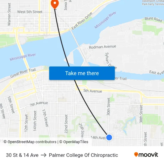 30 St & 14 Ave to Palmer College Of Chiropractic map