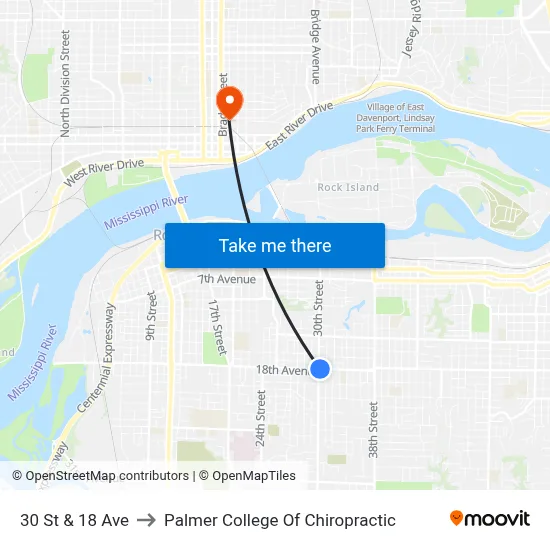 30 St & 18 Ave to Palmer College Of Chiropractic map