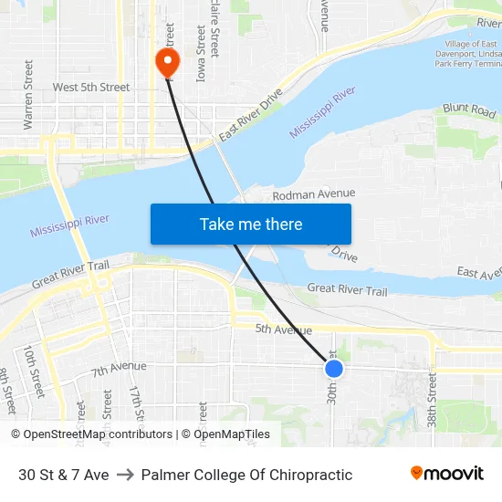 30 St & 7 Ave to Palmer College Of Chiropractic map