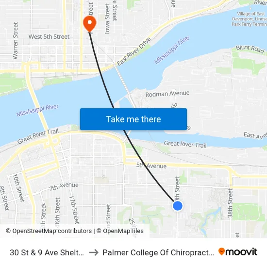 30 St & 9 Ave Shelter to Palmer College Of Chiropractic map