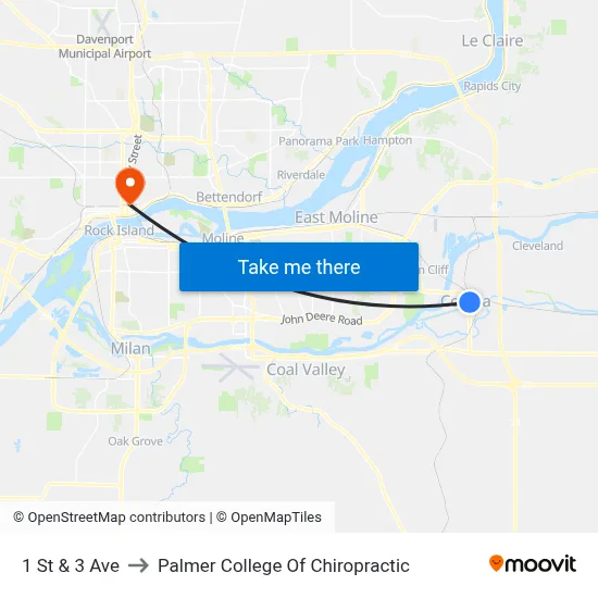 1 St & 3 Ave to Palmer College Of Chiropractic map