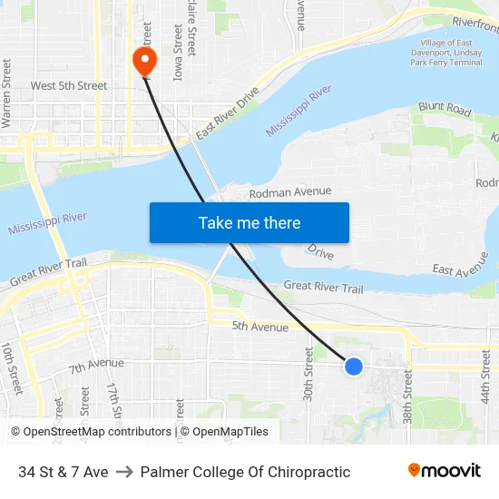 34 St & 7 Ave to Palmer College Of Chiropractic map