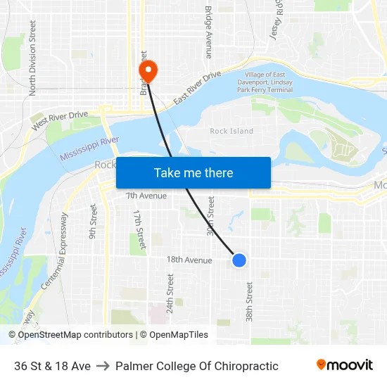 36 St & 18 Ave to Palmer College Of Chiropractic map