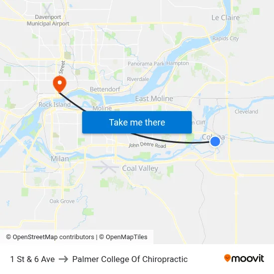 1 St & 6 Ave to Palmer College Of Chiropractic map