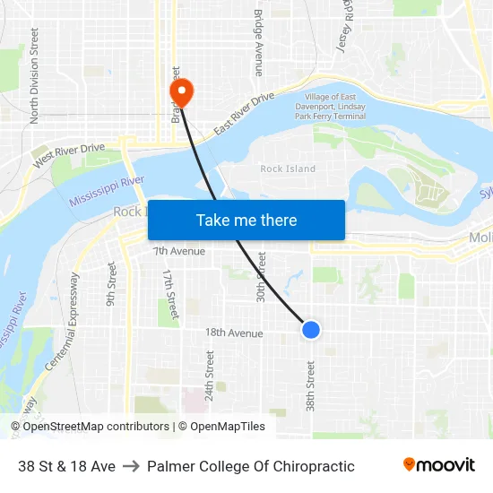 38 St & 18 Ave to Palmer College Of Chiropractic map