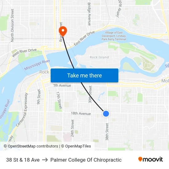 38 St & 18 Ave to Palmer College Of Chiropractic map