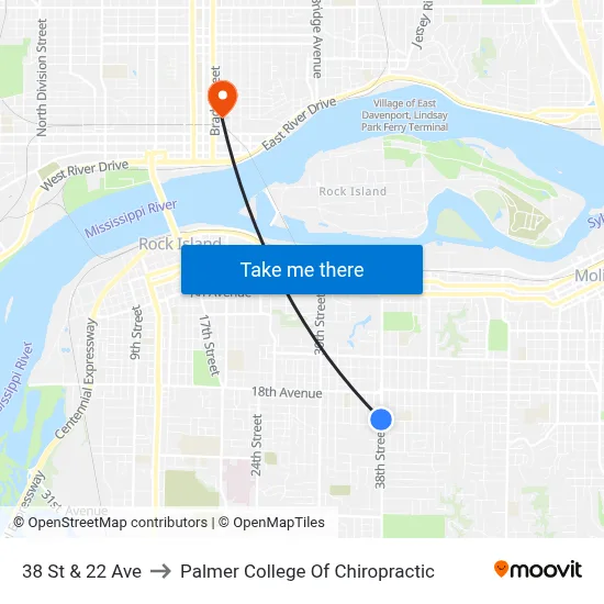 38 St & 22 Ave to Palmer College Of Chiropractic map