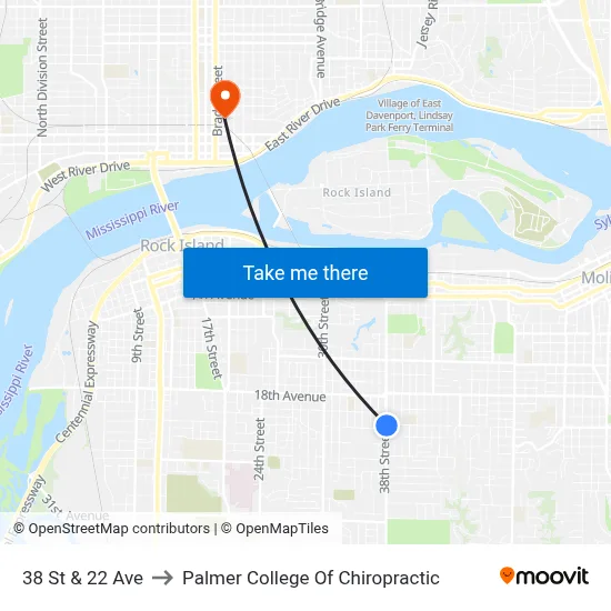 38 St & 22 Ave to Palmer College Of Chiropractic map