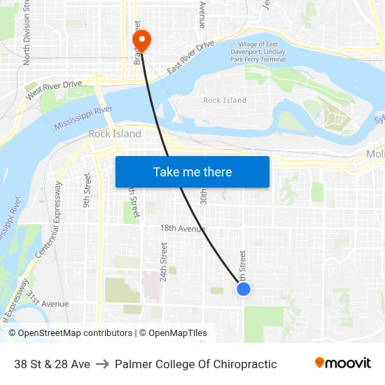 38 St & 28 Ave to Palmer College Of Chiropractic map