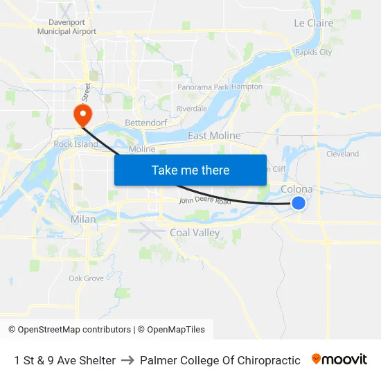 1 St & 9 Ave Shelter to Palmer College Of Chiropractic map