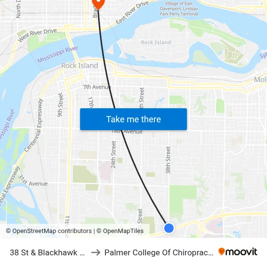 38 St & Blackhawk Rd to Palmer College Of Chiropractic map