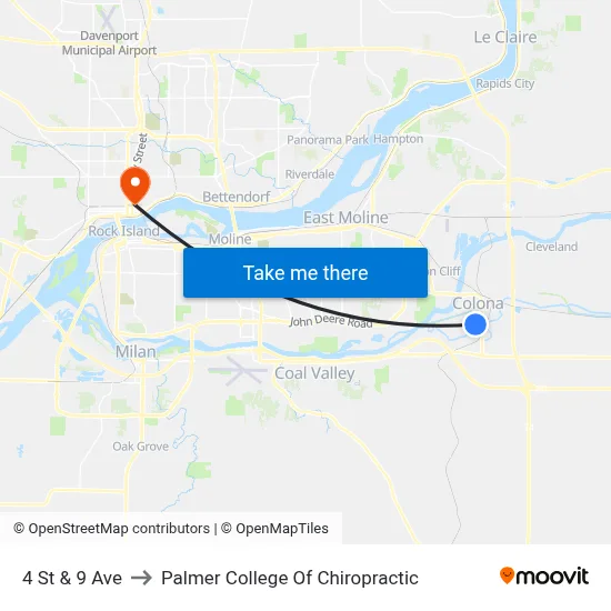 4 St & 9 Ave to Palmer College Of Chiropractic map