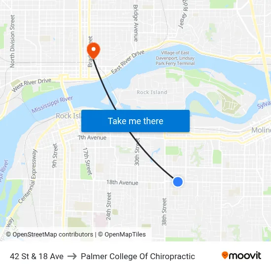 42 St & 18 Ave to Palmer College Of Chiropractic map