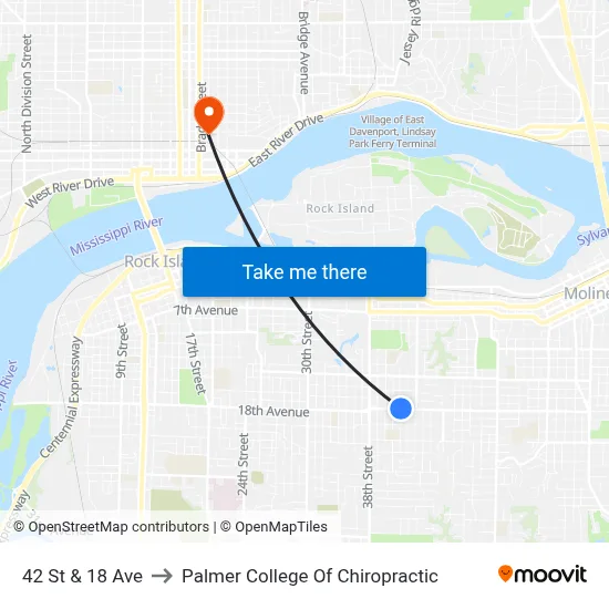 42 St & 18 Ave to Palmer College Of Chiropractic map