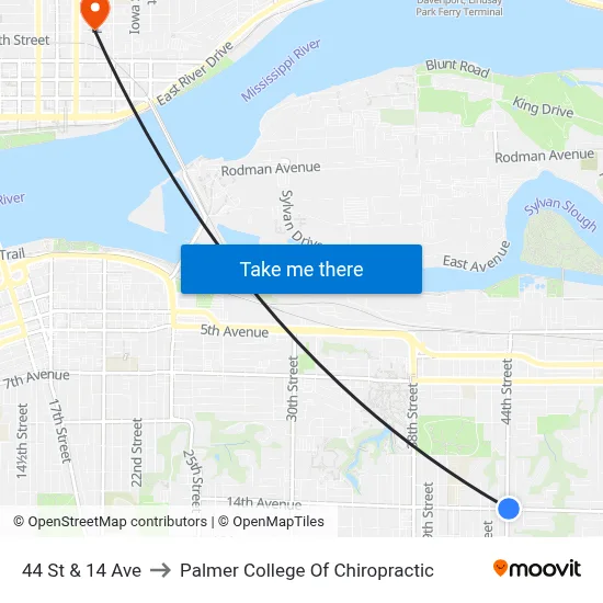 44 St & 14 Ave to Palmer College Of Chiropractic map