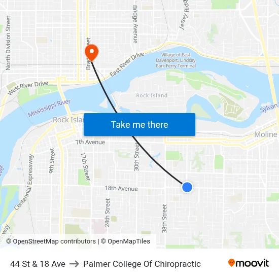 44 St & 18 Ave to Palmer College Of Chiropractic map