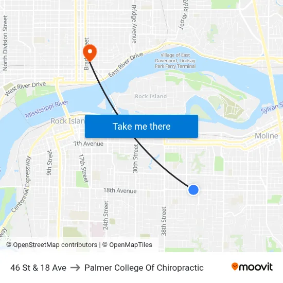 46 St & 18 Ave to Palmer College Of Chiropractic map