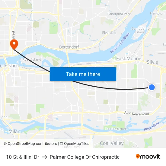 10 St & Illini Dr to Palmer College Of Chiropractic map