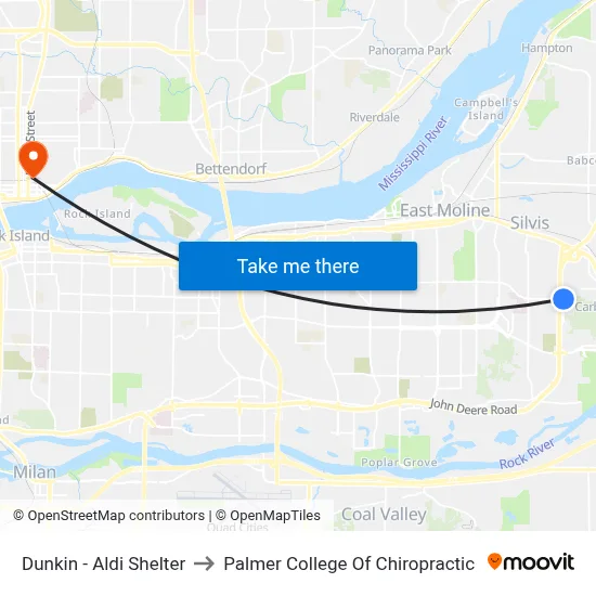 Dunkin - Aldi Shelter to Palmer College Of Chiropractic map
