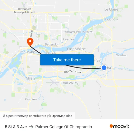 5 St & 3 Ave to Palmer College Of Chiropractic map