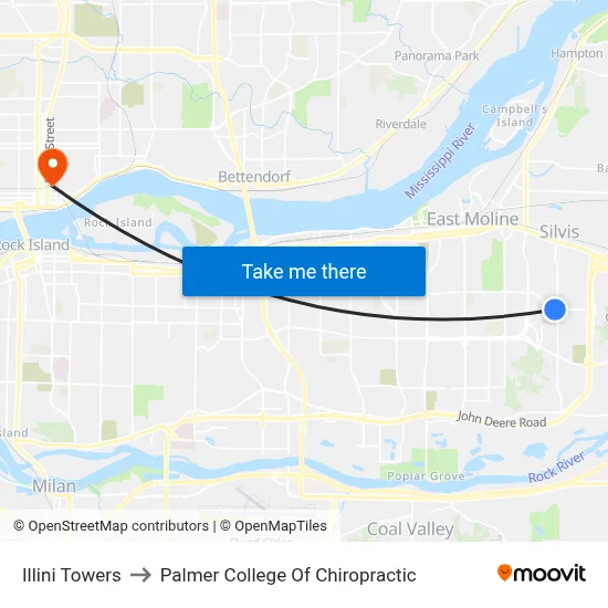 Illini Towers to Palmer College Of Chiropractic map