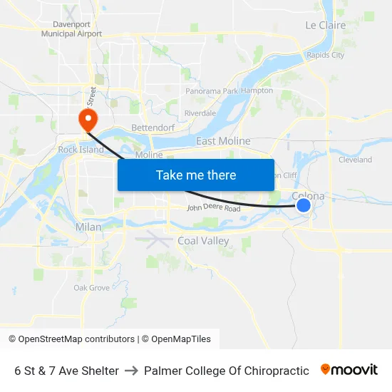6 St & 7 Ave Shelter to Palmer College Of Chiropractic map