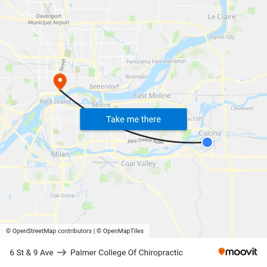 6 St & 9 Ave to Palmer College Of Chiropractic map