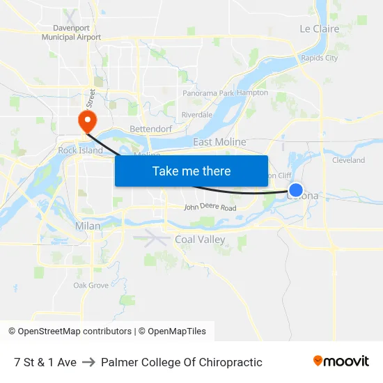 7 St & 1 Ave to Palmer College Of Chiropractic map