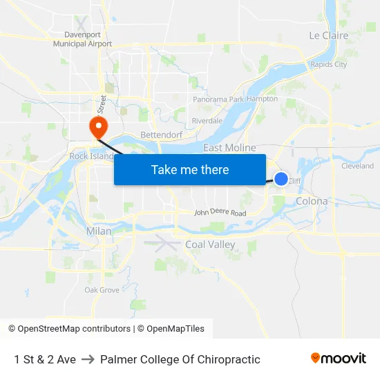 1 St & 2 Ave to Palmer College Of Chiropractic map