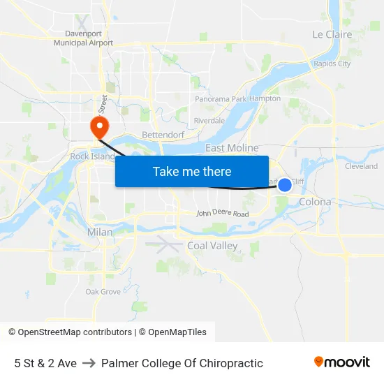 5 St & 2 Ave to Palmer College Of Chiropractic map