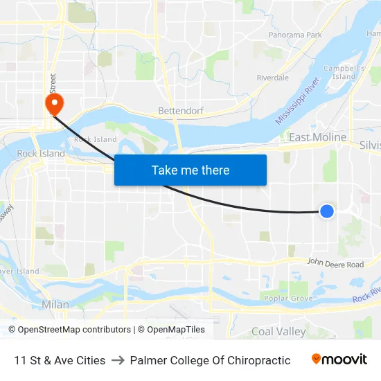 11 St & Ave Cities to Palmer College Of Chiropractic map