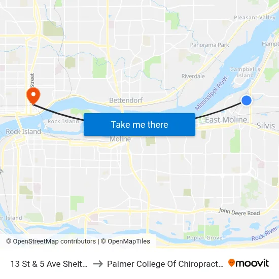 13 St & 5 Ave Shelter to Palmer College Of Chiropractic map