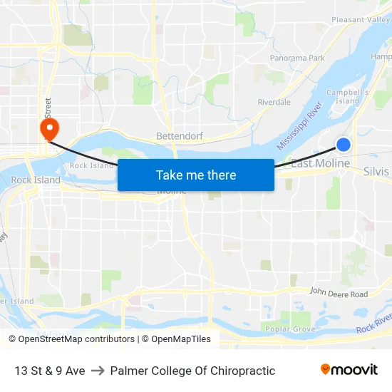 13 St & 9 Ave to Palmer College Of Chiropractic map