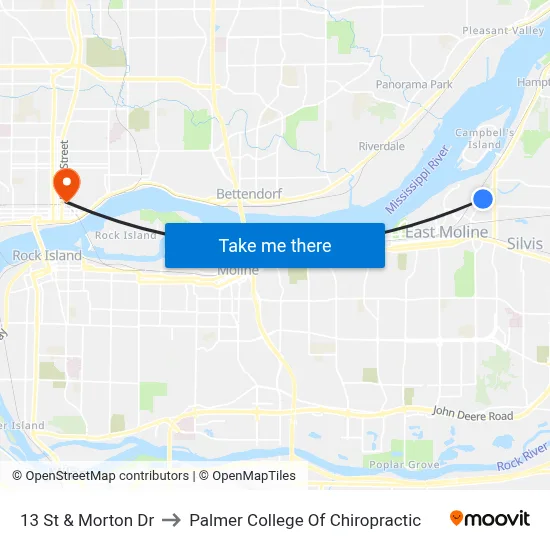13 St & Morton Dr to Palmer College Of Chiropractic map