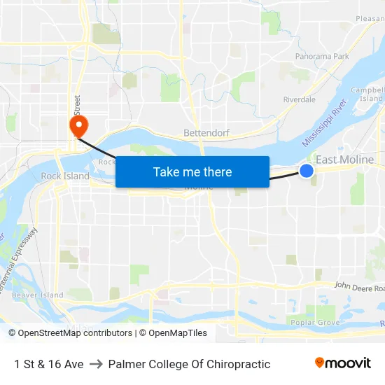 1 St & 16 Ave to Palmer College Of Chiropractic map
