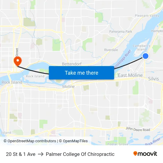 20 St & 1 Ave to Palmer College Of Chiropractic map