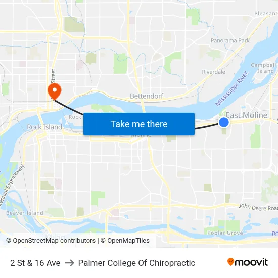 2 St & 16 Ave to Palmer College Of Chiropractic map