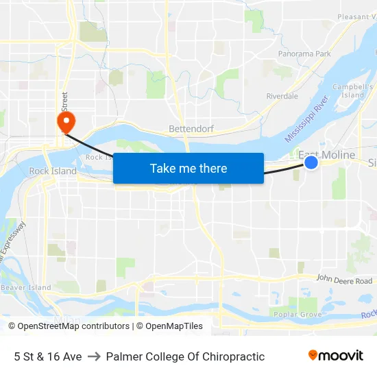 5 St & 16 Ave to Palmer College Of Chiropractic map
