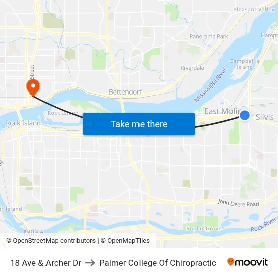 18 Ave & Archer Dr to Palmer College Of Chiropractic map