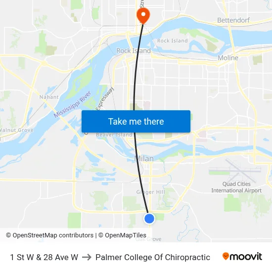 1 St W & 28 Ave W to Palmer College Of Chiropractic map