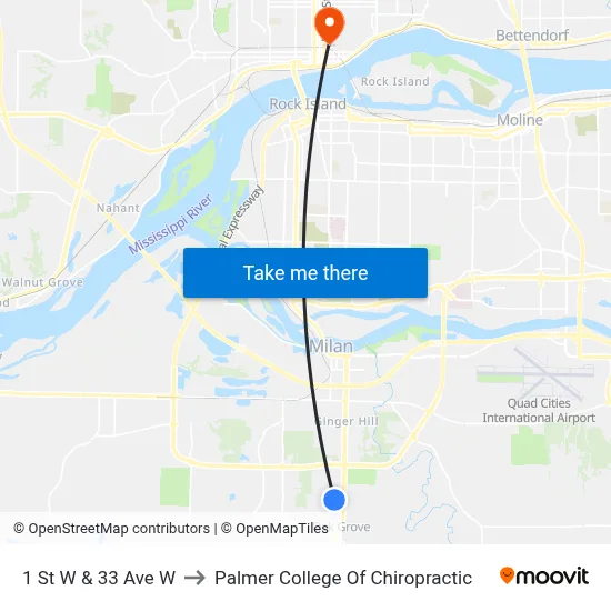 1 St W & 33 Ave W to Palmer College Of Chiropractic map