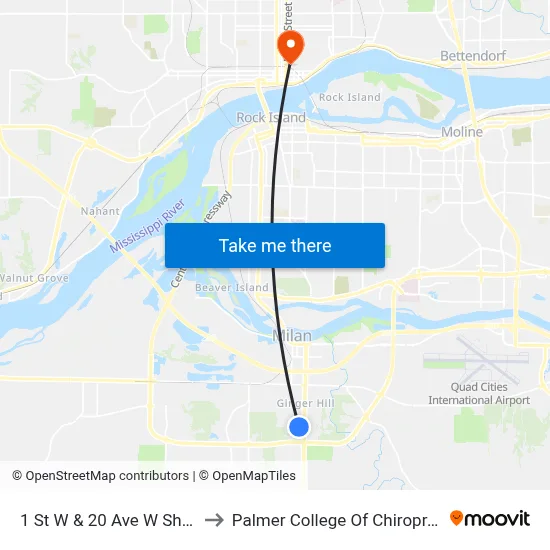 1 St W & 20 Ave W Shelter to Palmer College Of Chiropractic map