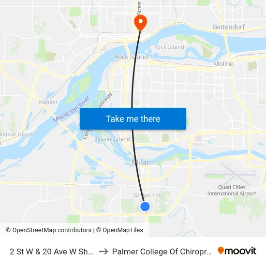 2 St W & 20 Ave W Shelter to Palmer College Of Chiropractic map