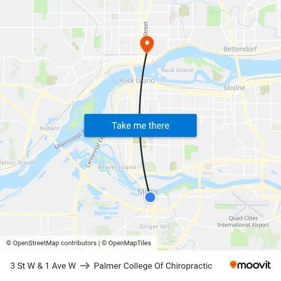 3 St W & 1 Ave W to Palmer College Of Chiropractic map
