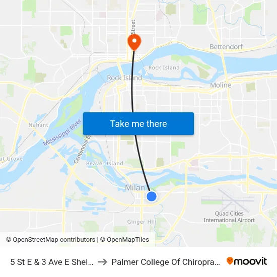 5 St E & 3 Ave E Shelter to Palmer College Of Chiropractic map