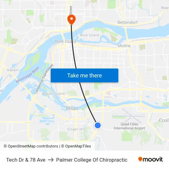 Tech Dr & 78 Ave to Palmer College Of Chiropractic map