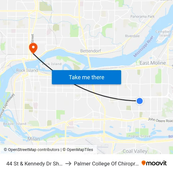 44 St & Kennedy Dr Shelter to Palmer College Of Chiropractic map