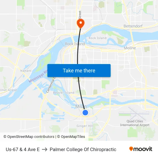 Us-67 & 4 Ave E to Palmer College Of Chiropractic map