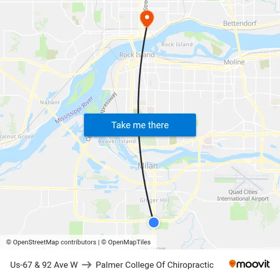 Us-67 & 92 Ave W to Palmer College Of Chiropractic map