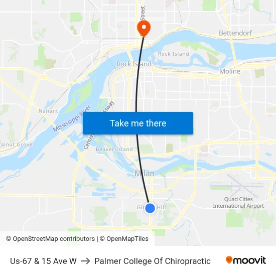 Us-67 & 15 Ave W to Palmer College Of Chiropractic map